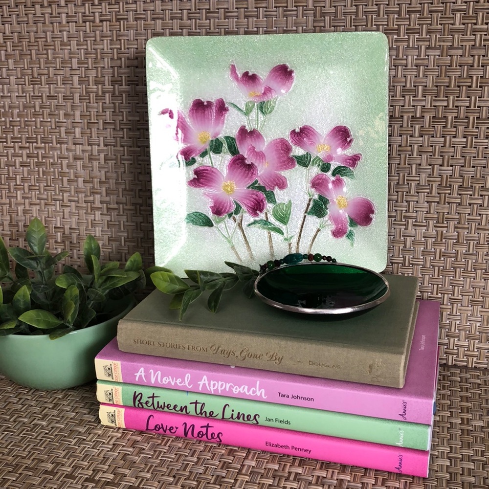 Japanese Cloisonné Enamel Pink Floral Green Background Decorative Square Plate